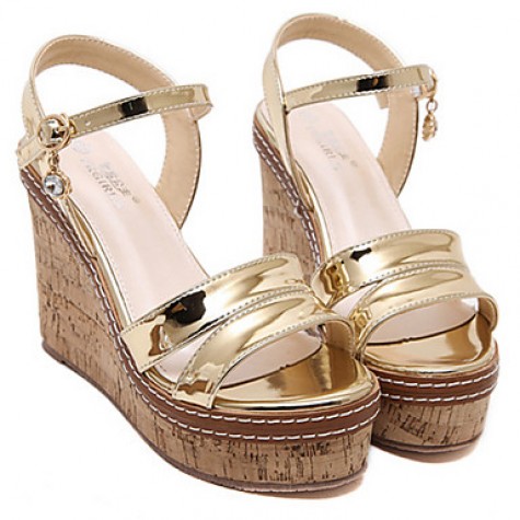 Women's Shoes PU Summer Wedges / Open Toe Sandals Dress / Casual Wedge Heel Sequin Silver / Gold