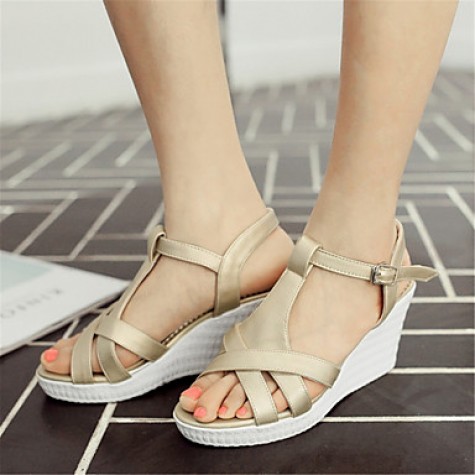 Women's Shoes Leatherette Wedge Heel Wedges Sandals Wedding / Party & Evening / Dress / Casual White / Silver