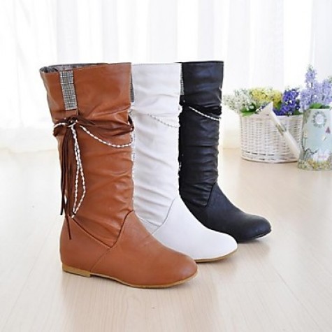 Women's Spring / Fall / Winter Fashion Boots / Comfort / Round Toe Leatherette Dress Flat Heel Tassel / Lace-up Black / Yellow / White