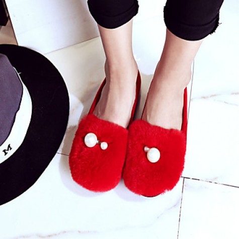 Women's Flats Spring / Fall / Winter Comfort Fur Outdoor / Dress / Casual Flat Heel Slip-on Black / Red Others