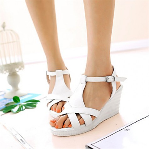 Women's Shoes Leatherette Wedge Heel Wedges Sandals Wedding / Party & Evening / Dress / Casual White / Silver