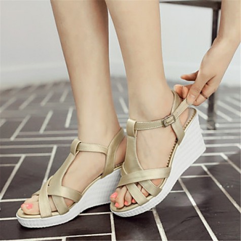 Women's Shoes Leatherette Wedge Heel Wedges Sandals Wedding / Party & Evening / Dress / Casual White / Silver